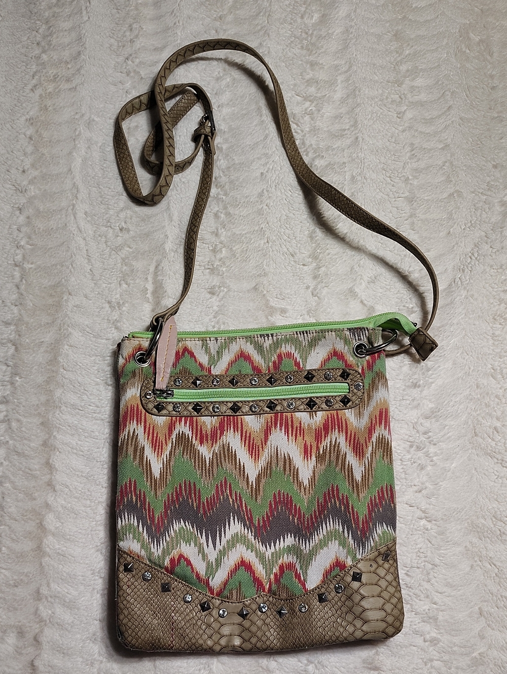Patterned Crossbody Bag in Green and Tan